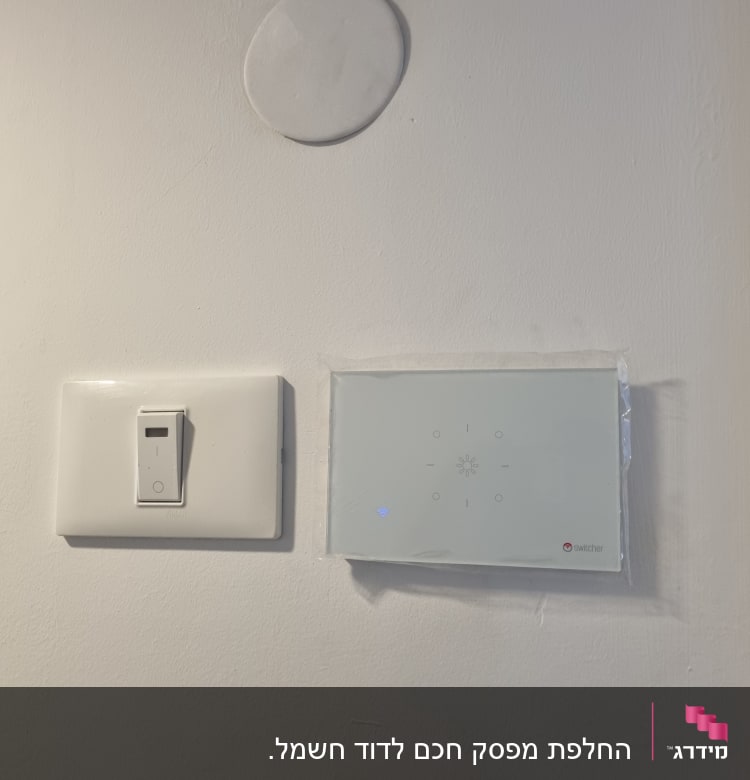 מתג חשמלי ולוח בקרה על קיר לבן